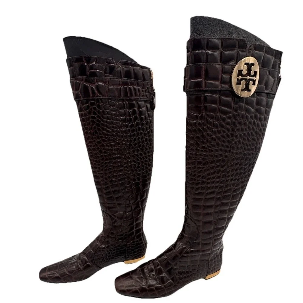 Tory Burch Brown Crocodile embossed leather riding boot Gold Heel & Logo Size‎ 7